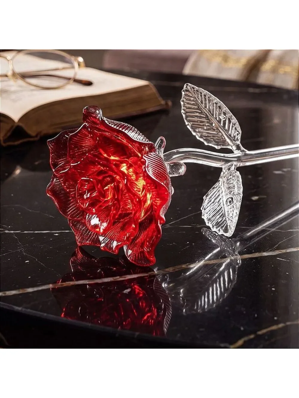 Vtg Waterford Crystal Red Rose Long Stem Glass Flower Signed Romantic Gift 14.5